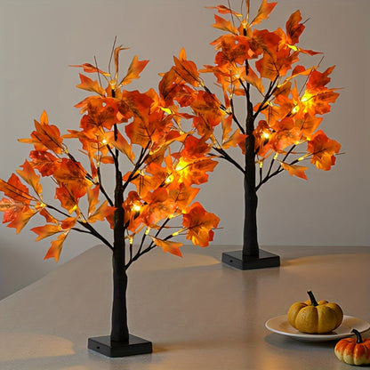 Two-Piece LED Maple Leaf Tree Light Set with 24 Warm Lights, Red Autumn Leaves and Black Branches