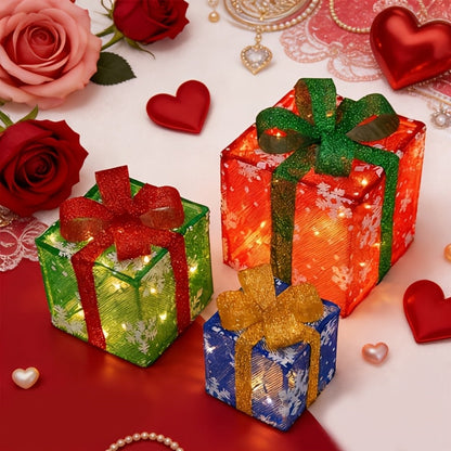Three-Piece Lighted Gift Box Decoration Set with LED String Lights, Bow Handles and Four Holiday Style Options