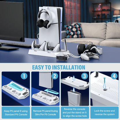 Five-in-One Console Stand Compatible with PS5 Models, Dual Controller Dock, Fan, USB Hub and Headset Holder