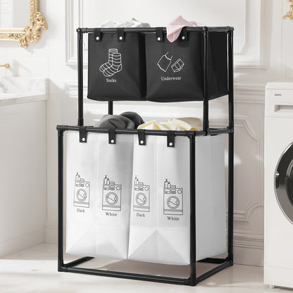Two-Tier Laundry Sorter Hamper with Upper Compartments, Four Removable Lower Bags and Elevated Frame