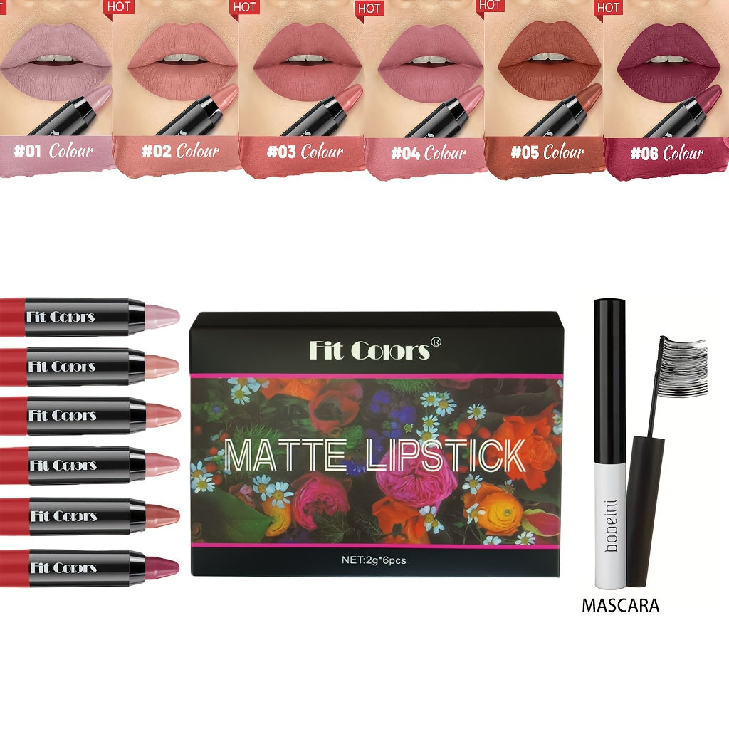 Lipstick Set, Fit Colors 6-Piece Velvet Matte Crayon Collection with Nude, Mauve and Berry Shades