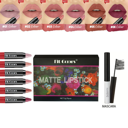 Lipstick Set, Fit Colors 6-Piece Velvet Matte Crayon Collection with Nude, Mauve and Berry Shades