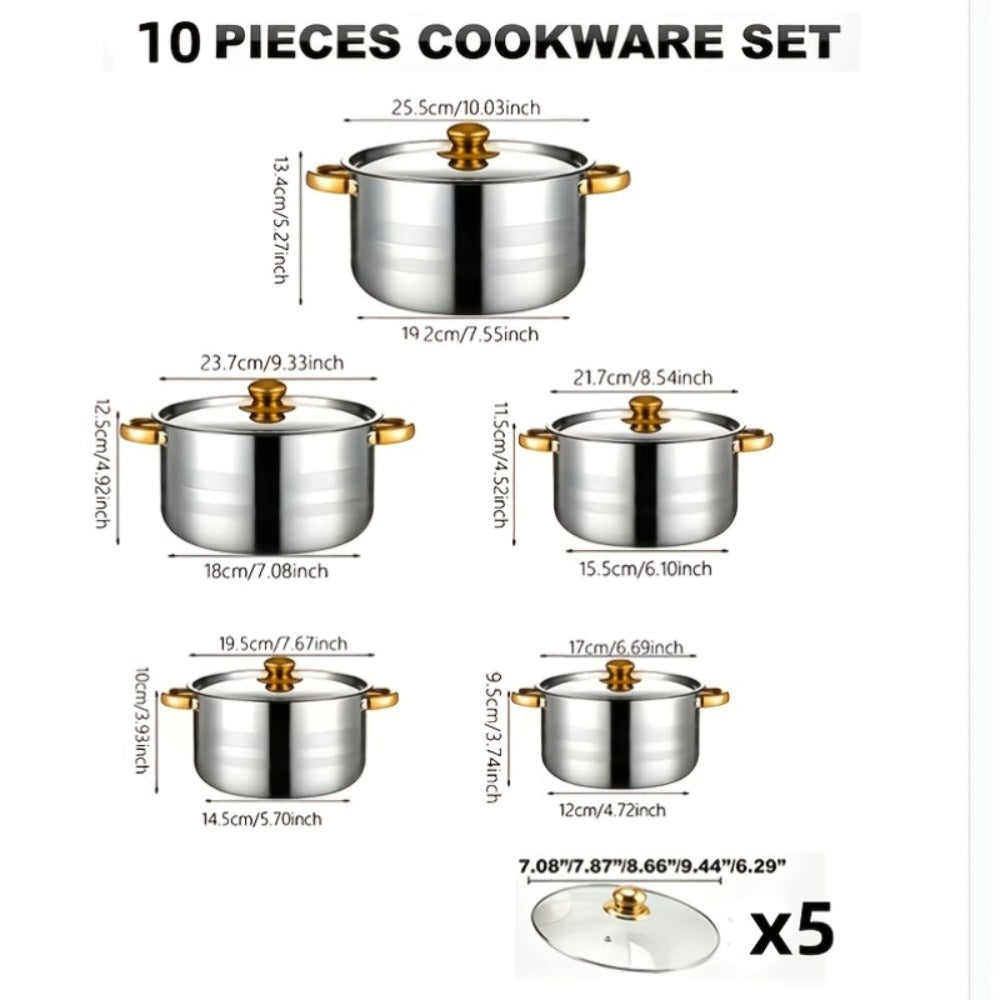 Stainless Steel Non-Stick Cookware Set 10/12pcs, 316 Grade Steel Frying Pan, Stockpot & Milk Pot with Lid