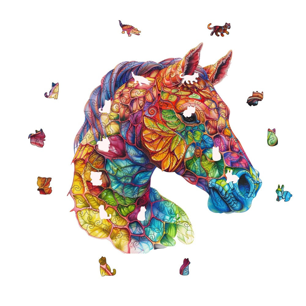 Colorful Horse Wooden Jigsaw Puzzle with Irregular Pieces and S, M and L Size Options from 4.92 to 11.02 Inches