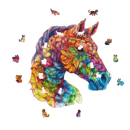 Colorful Horse Wooden Jigsaw Puzzle with Irregular Pieces and S, M and L Size Options from 4.92 to 11.02 Inches