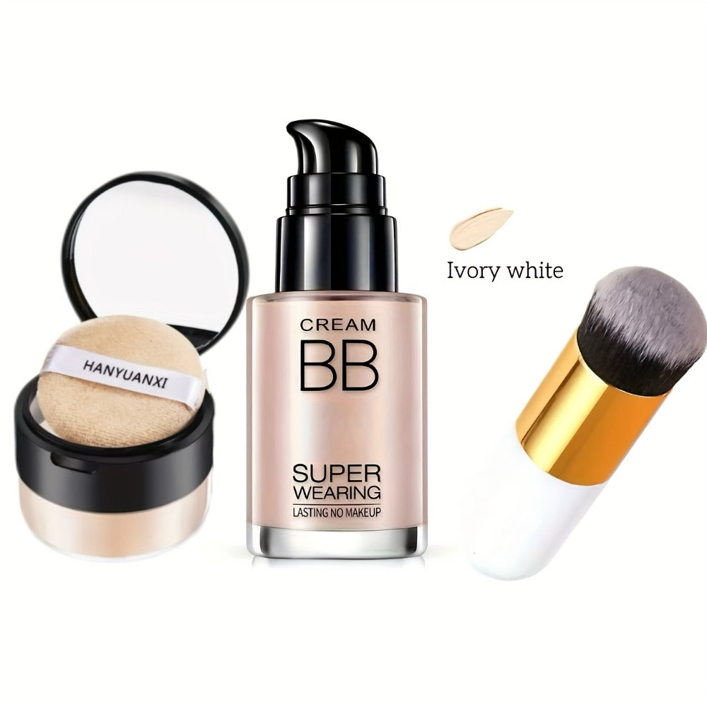 BB Cream Foundation and Setting Powder Set with Brush, Powder Puff and Three Source-Labeled Shades