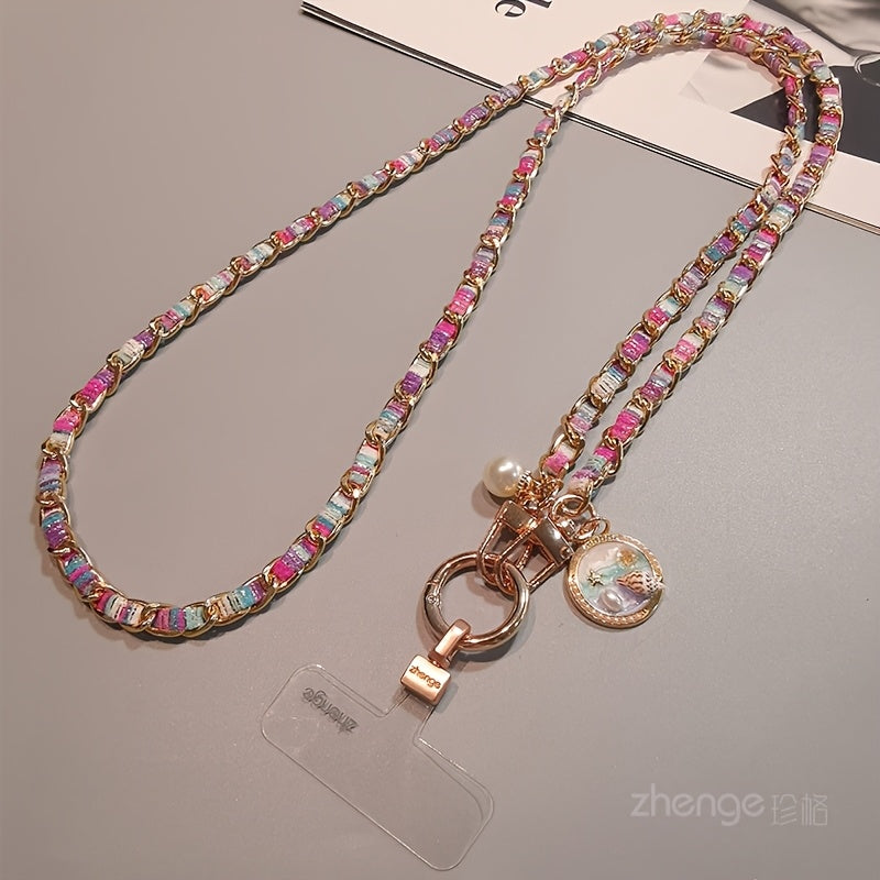 Purple Rose Pattern Phone Crossbody Chain Lanyard with Round Disc Charm and Pictured 65 cm Length