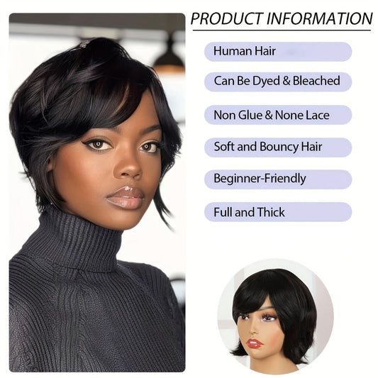 Short Human Hair Wigs for Black Women Curly Pixie Cut Bob with Bangs Brazilian Remy 150% Density None Lace Front Natural Black 8 Inch | Easy Wear Daily Party