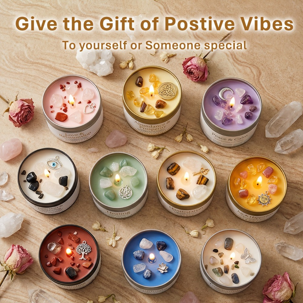 Crystal-Style Tin Candle with Eleven Intention Labels and One- or Two-Piece Checkout Options