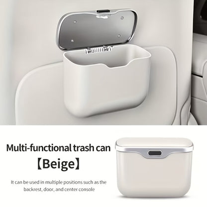 Slim Beige Car Trash Bin with Push Lid, Snap-On Mount, 17.1 cm Width and Included Liner Bags