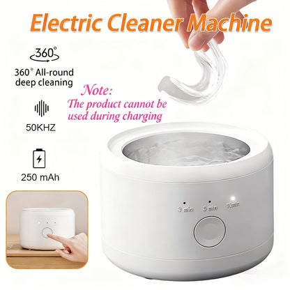 Electric Ultrasonic Cleaner Machine for Dentures Jewelry & Glasses — USB Rechargeable 3 Speeds Auto Timer 180ml Tank One-Touch Portable Dental Cleaning Device for Home & Travel