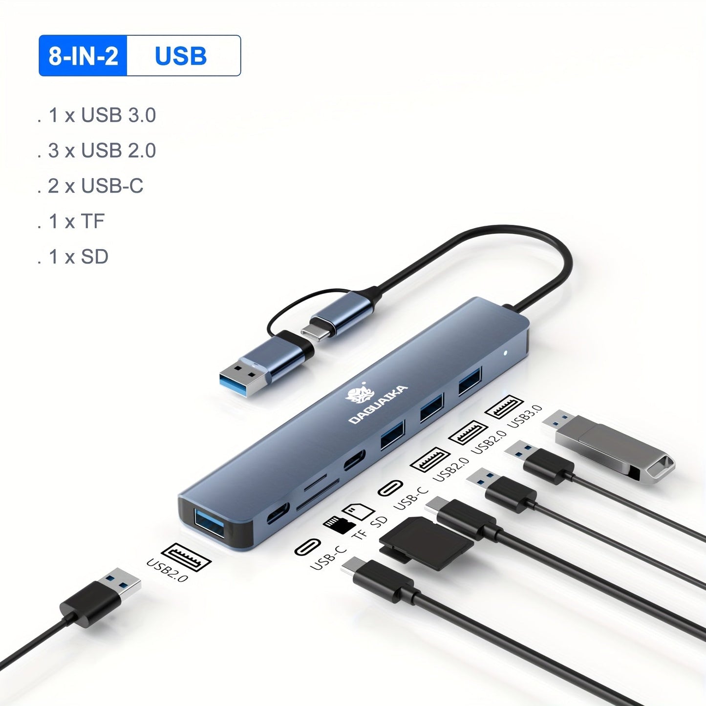 USB-C Hub Multiport Adapter with Audio Output, USB 3.0, USB 2.0, SD & TF Card Reader – Multi-Port Docking Station Splitter for MacBook Pro, Laptop, PC, Plug & Play