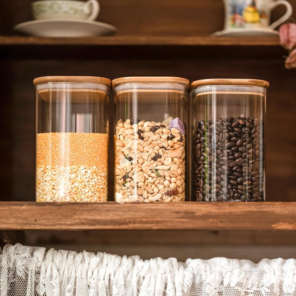 Six-Piece 37 oz Glass Storage Jar Set with Tall Clear Bodies, Square Bamboo-Look Lids and Silicone Rings