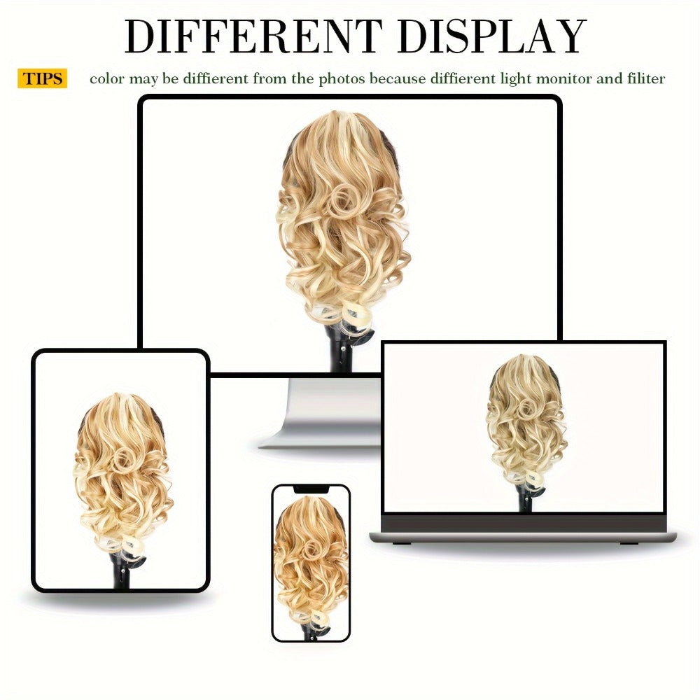 Hair Extensions Curly 8-Inch Synthetic Ponytail with Claw Clip and Eight Dark, Brown and Blonde Colors