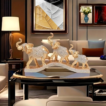 Golden Elephant Family Figurine Set with Three Resin-Look Sculptures on a 14-Inch Display Base