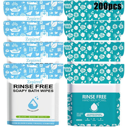 Disposable No-Rinse Foaming Bath Towels - Large 11.81" Body Wipes, Wet & Wipe Cleansing Cloths for Elderly Care, Camping, Post-Surgery, Fitness & Travel, Bulk 50/100/200 Pack, No Shower Needed