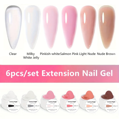 Six-Color Builder Gel Set, 15ml Each in Clear, White, Milky Jelly, Light Pink, Pink and Nude for Nail Extensions