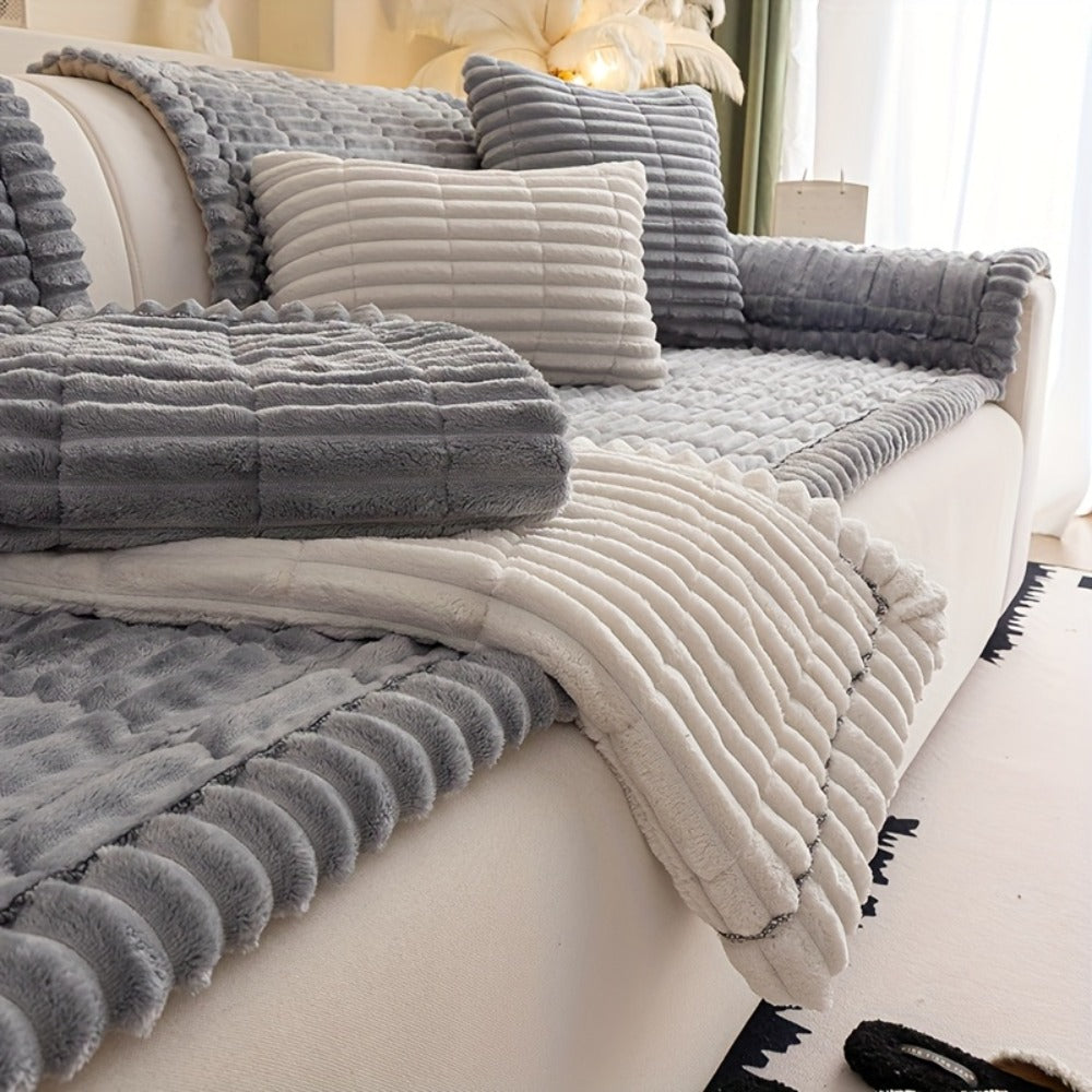 Wavy-Edge Plush Sofa Cushion Cover in Four Colors with Single-, Two-, Three- or Four-Seat Sizes