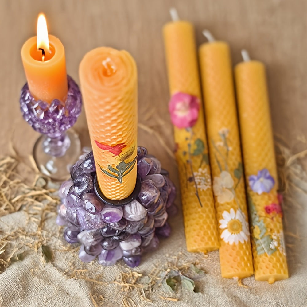 Floral Cone Candle Holders Set of 4 – 10-Inch Decorative Beeswax Taper Candles for Holiday Parties, Valentine's Day & Mother's Day Gifting