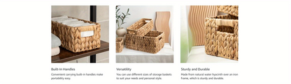 Seagrass & Water Hyacinth Storage Basket with Built-in Handles - Hand-Woven Square Wicker Bins for Bedroom Bathroom Pantry Shelves, Multiple Styles