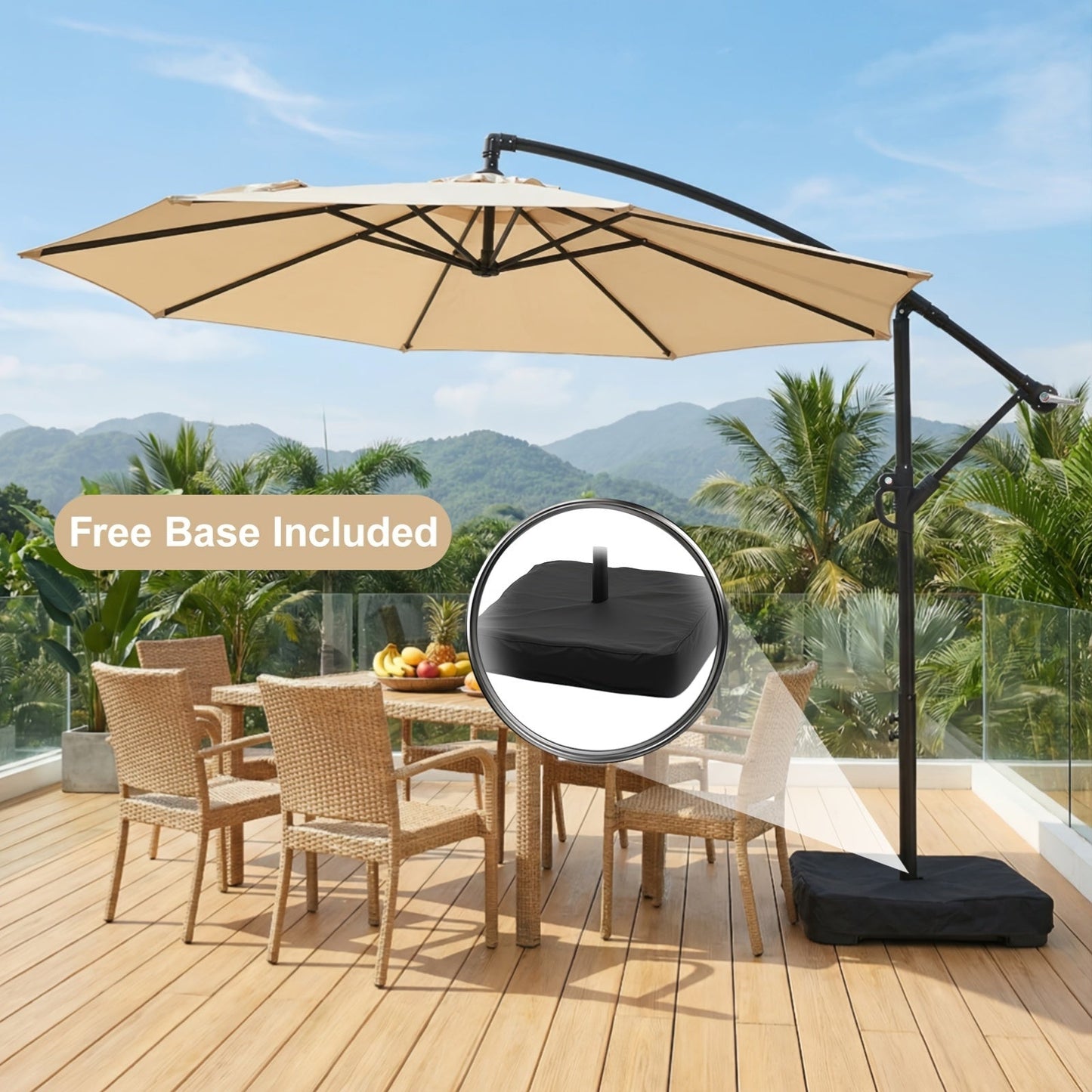 Patio Umbrella 10FT Cantilever Hanging Style with Crank, Push Tilt and Variant-Specific Cross Base