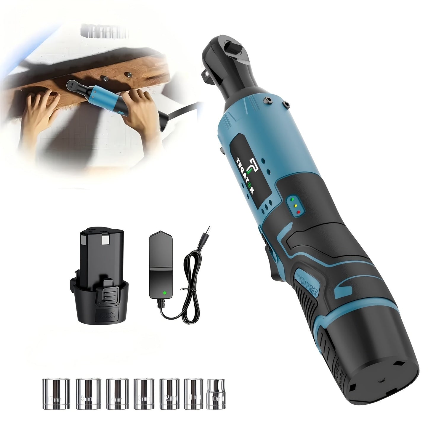12V Cordless Ratchet Wrench Set 3/8" Drive | 40 Ft-lbs Torque, Variable Speed Trigger, Lithium-Ion Battery, 7 Sockets Included