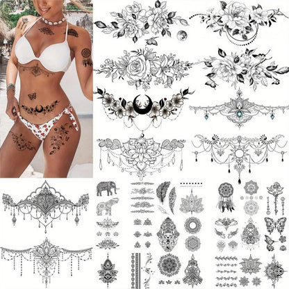 Large Temporary Tattoos for Women 60+ Pcs, 10 Realistic Waterproof Fake Tattoo Stickers for Chest Neck Underboob Arm Shoulder, Bold Body Art Designs for Festival Rave Pool Party Bachelorette Gift