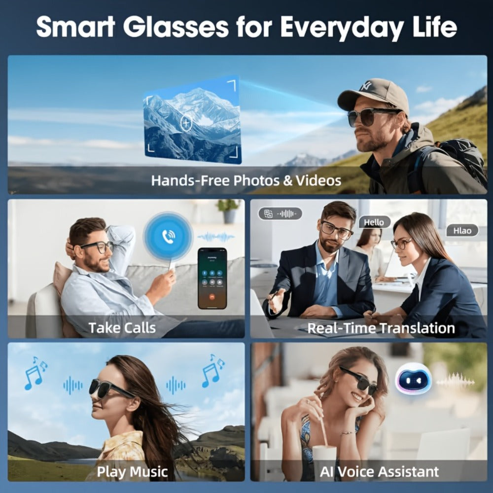 ChatGPT AI Smart Glasses with 8MP HD Camera – Real-Time Translation, Wireless Calling, Blue Light Protection, Dual Mic ENC, Touch Control, Photochromic & Camera-Free Variants for Men Women