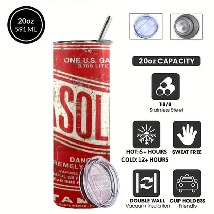 Insulated Tumbler 20oz Vintage Gasoline-Can Graphic Stainless Steel Travel Mug with Lid and Straw