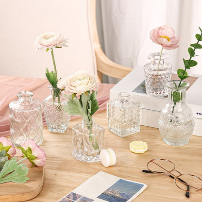 Assorted Clear Glass Bud Vase Set with 12, 24 or 64 Mixed Shapes for Flowers and Table Centerpieces