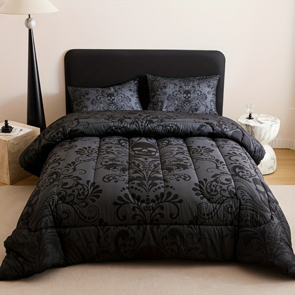 Gothic Skull Comforter Set with Two Pillowcases, Two Design Labels and Twin through King Sizes