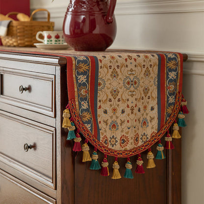 Tasseled Floral Table Runner with 15.75-Inch Width and Three Length Options for Dining Tables