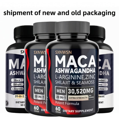 Dietary Supplement Capsules with SXNWSN Label, Sea Moss, Shilajit, Maca, L-Arginine and 60 or 120 Count