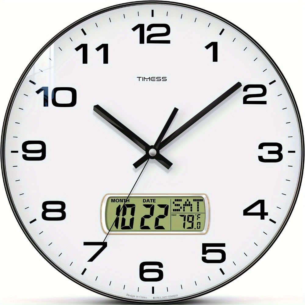 Round Analog Wall Clock with LCD Calendar and Temperature Window, Four Colors and 10- or 12-Inch Sizes