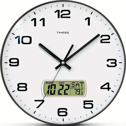 Round Analog Wall Clock with LCD Calendar and Temperature Window, Four Colors and 10- or 12-Inch Sizes