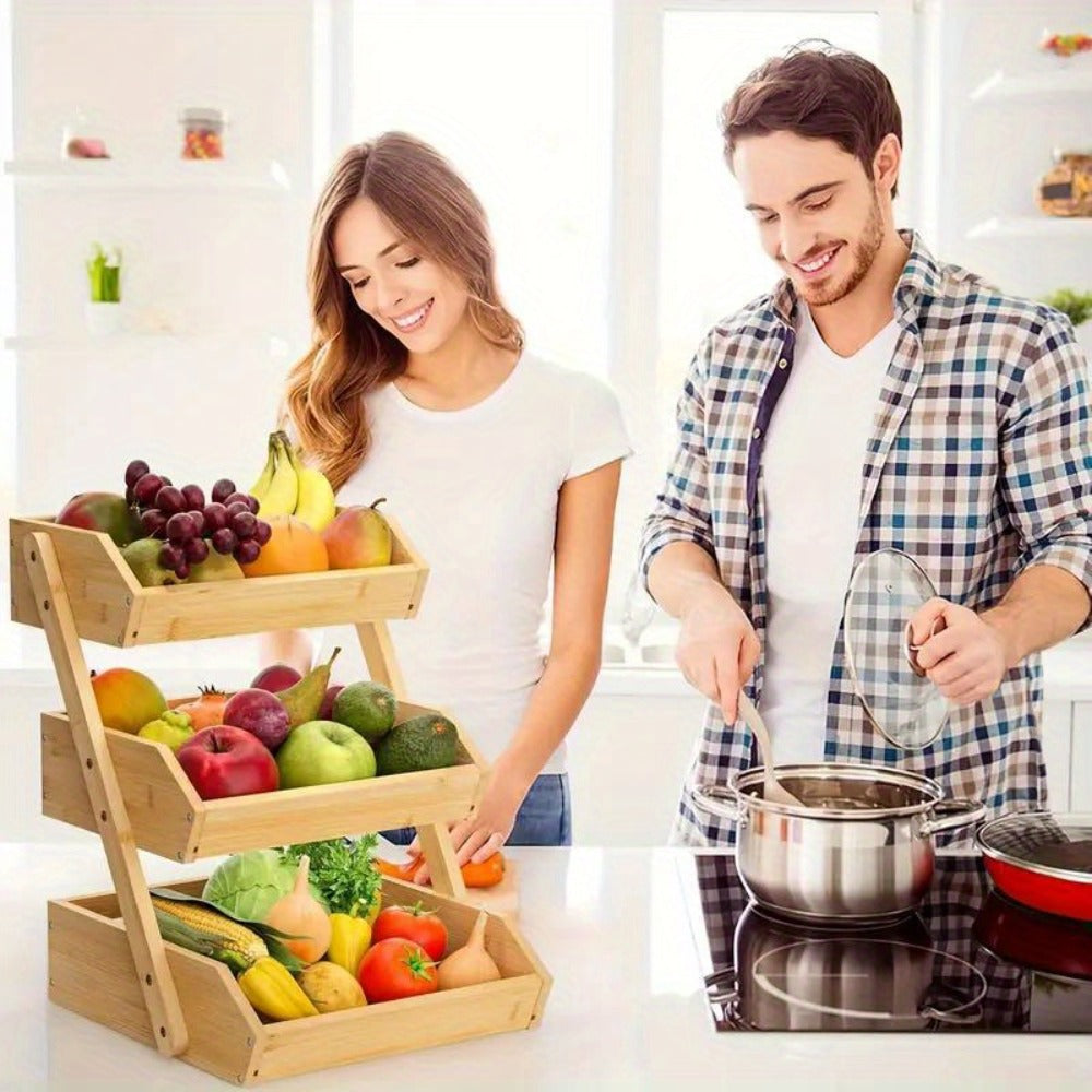 Fruit Rack Kitchen Organizer 2 or 3 Tier Natural Bamboo Freestanding Basket Shelf with Two Hooks