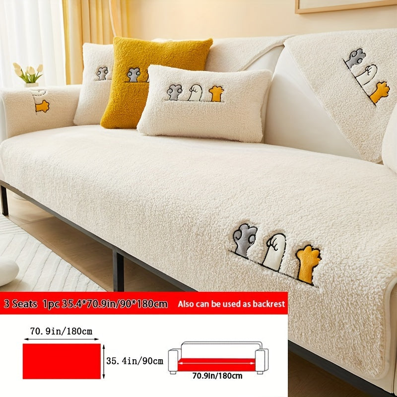Sofa Cover Thick Plush Shearling Panels with Animal and Bone Embroidery and Non-Slip Feature for 2 to 4 Seats