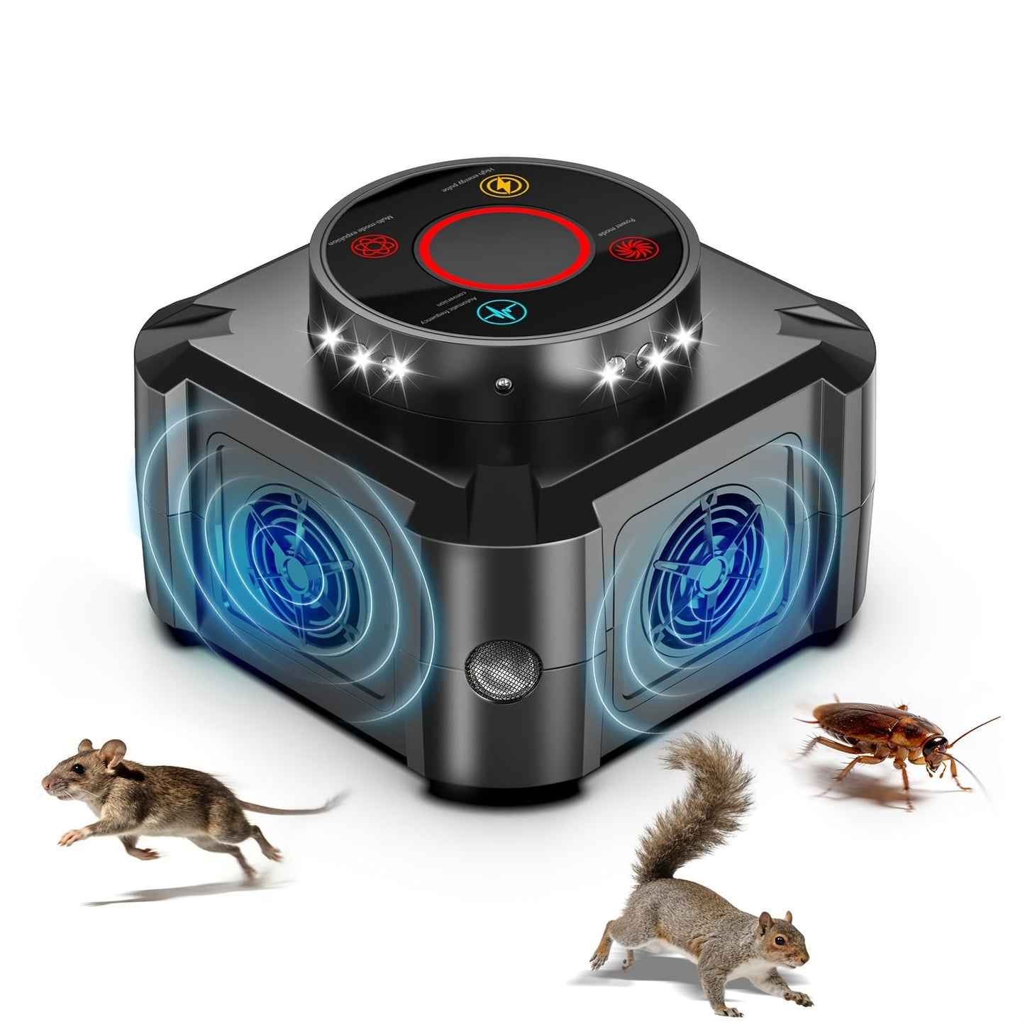 Four-Mode Ultrasonic Pest Control Device with 12 LED Strobes, Independent Switches and One or Two-Pack Options