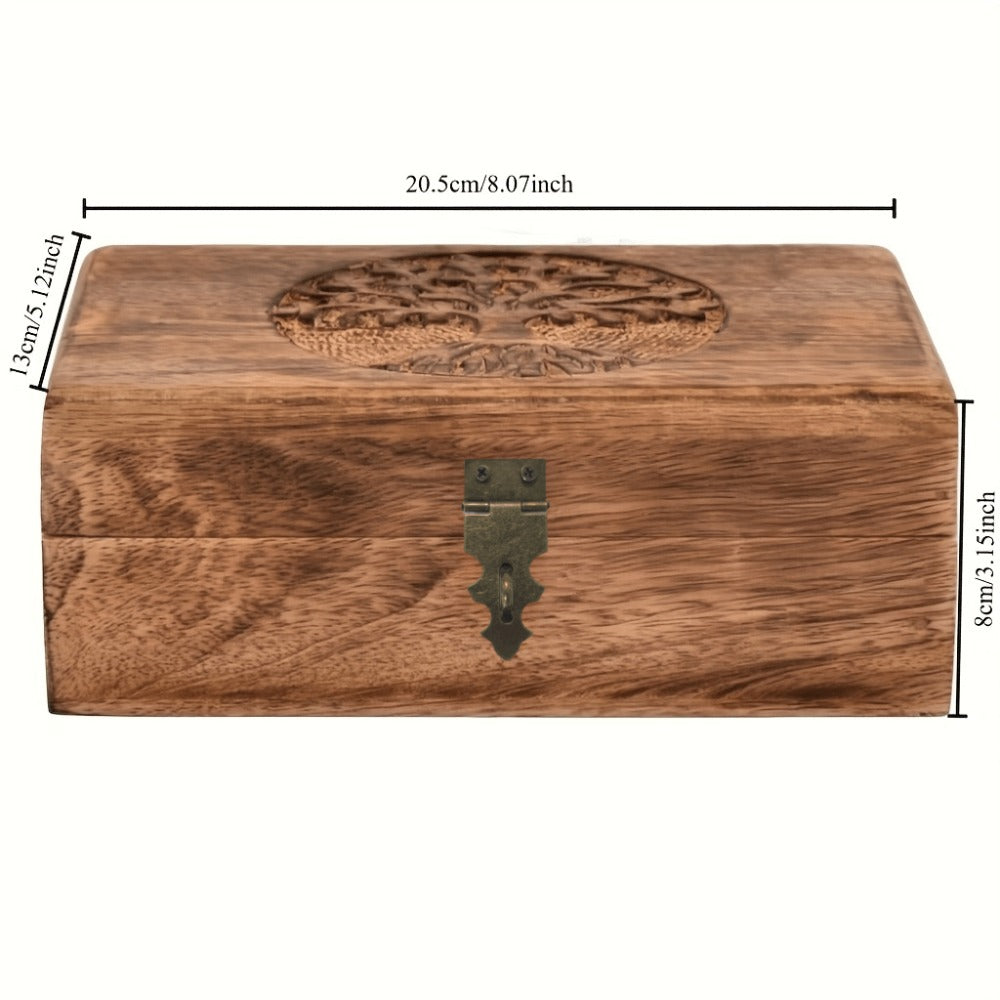 Jewelry Box, Handcrafted Paulownia Wood Keepsake Chest with Carved Tree-of-Life and Floral Motifs