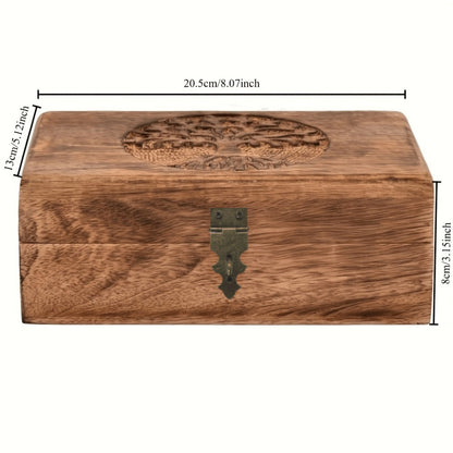 Jewelry Box, Handcrafted Paulownia Wood Keepsake Chest with Carved Tree-of-Life and Floral Motifs