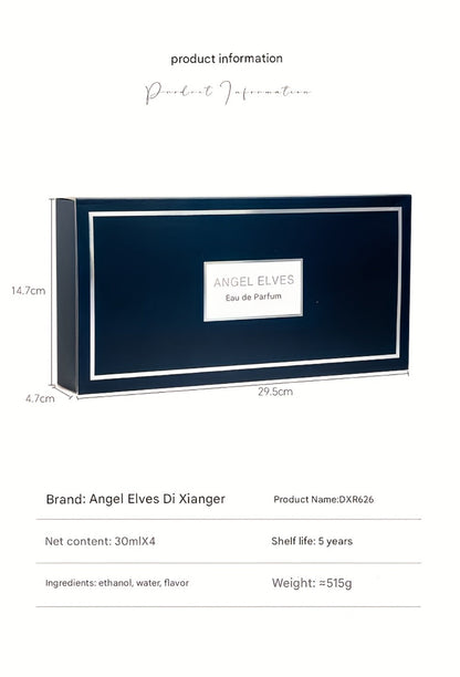 Four-Piece Boxed Fragrance Spray Set with Blue, Clear and Purple Gradient Bottle Presentation