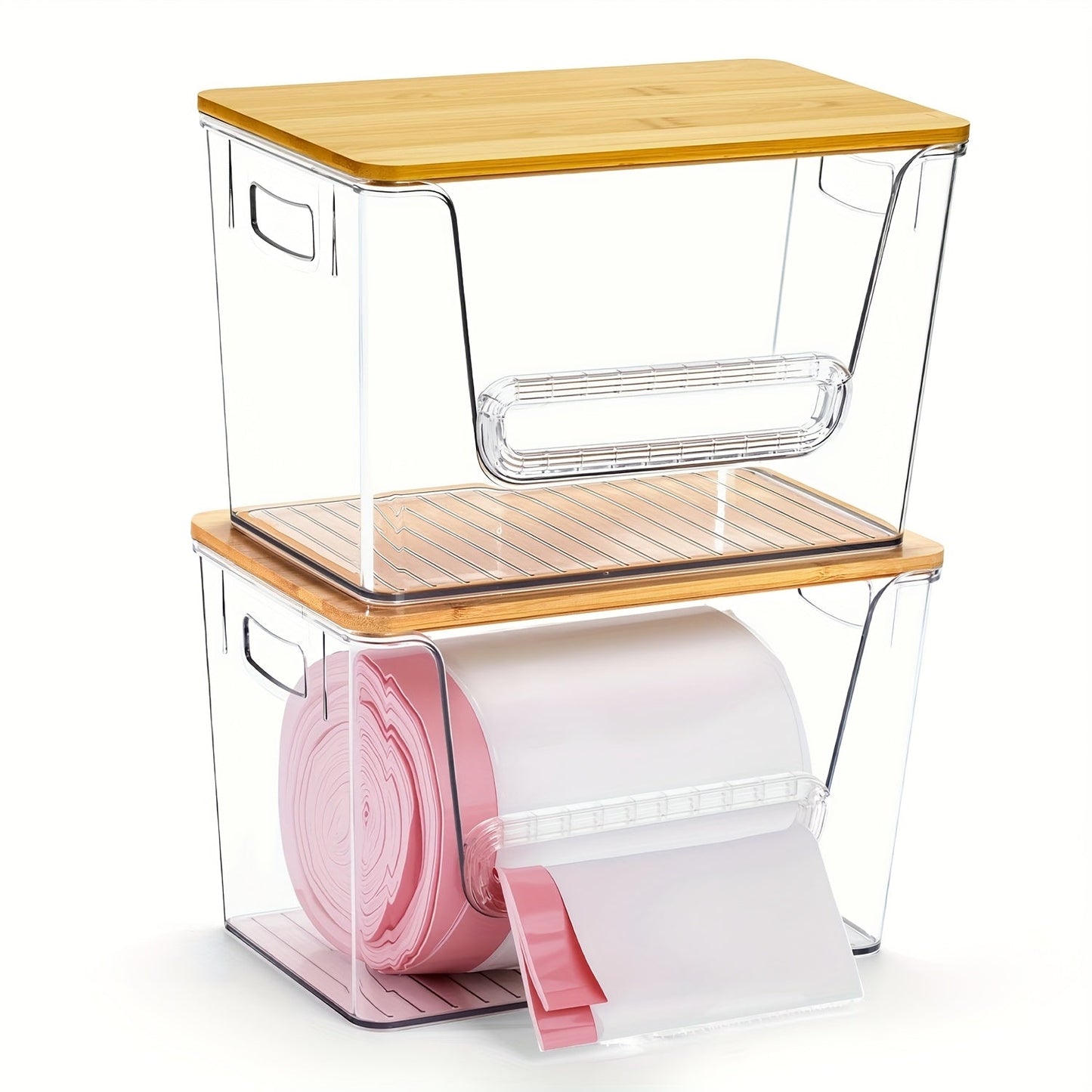 Clear Stackable Trash Bag Roll Dispenser with Bamboo Lid and One-, Two- or Four-Pack Options