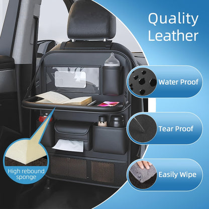 Car Seat Back Organizer PU Leather - Foldable Dining Table, Cup Holder, Multi-Pocket Storage Bag, Universal Fit Back Seat Travel Organizer for Kids & Passengers, 1pc or 2pc Set