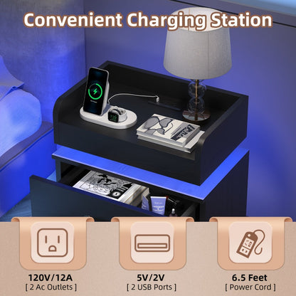 Nightstand Tray-Top Two-Drawer Bedside Table with Charging Station, LED Light and Black or White Finish