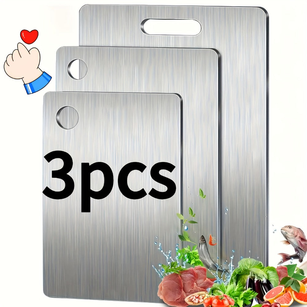 Cutting Board Three-Piece Stainless Steel Set with Rounded Corners, Carry Handles and Three Sizes