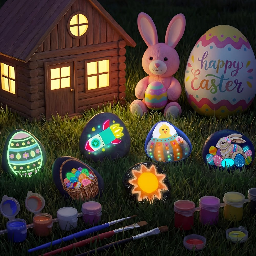 Rock Painting Kit for Kids Glow in the Dark – 10 Rocks Metallic & Glow Paints Gems Glitter Brushes Stickers All-in-One Craft Set for Boys Girls Ages 6+ Birthday Easter Christmas Gift