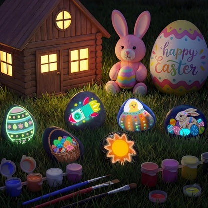 Rock Painting Kit for Kids Glow in the Dark – 10 Rocks Metallic & Glow Paints Gems Glitter Brushes Stickers All-in-One Craft Set for Boys Girls Ages 6+ Birthday Easter Christmas Gift