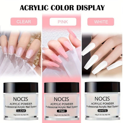 Acrylic Nail Kit NOCIS Clear, Pink and White Powders with Q Monomer, Primer, Brush Cleaner and Four Brushes