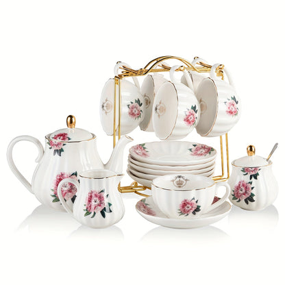 Floral Porcelain-Style Tea Service Set for Six in Five Coral, Peach, Rose, Peony or Spring Designs