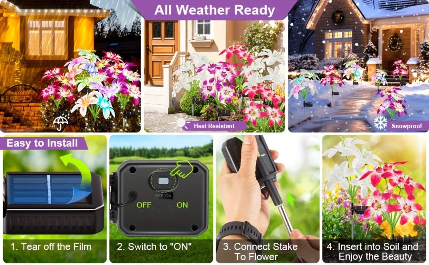Solar Garden Light Blooming Lily Stakes with 7-Color LEDs and 2, 4 or 12-Pack Options for Outdoor Garden Decor